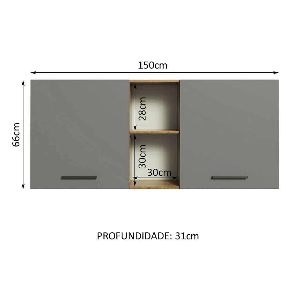Armário Aéreo Madesa Agata 150 cm 2 Portas e 2 Nichos Rustic/Cinza Cor:Rustic Cinza
