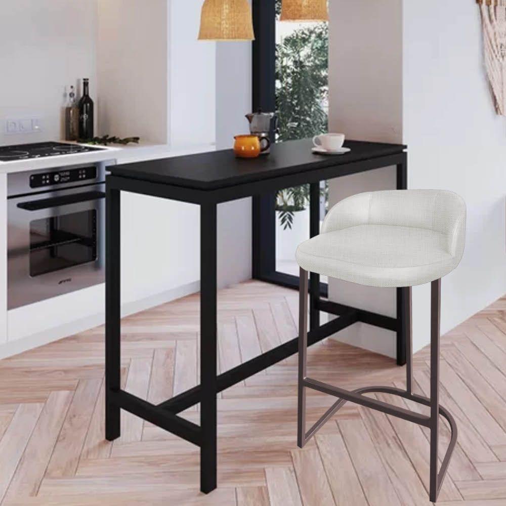 Miniatura Banqueta Betina Com Encosto Alta Cozinha Bar Balcão Ferro Marrom Linho Cru - Ahazzo Móveis