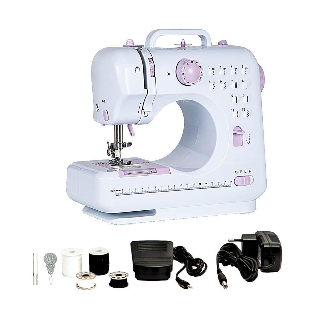 Mini Máquina De Costura 12 Pontos Bivolt Portátil Tomada Pilha Branco
