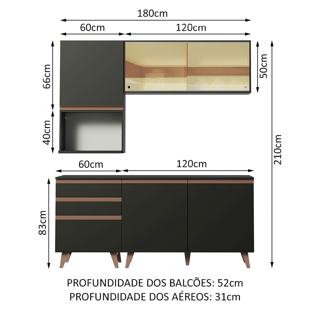 Cozinha Completa Madesa Reims 180002 com Armário e Balcão Preto Cor:Preto