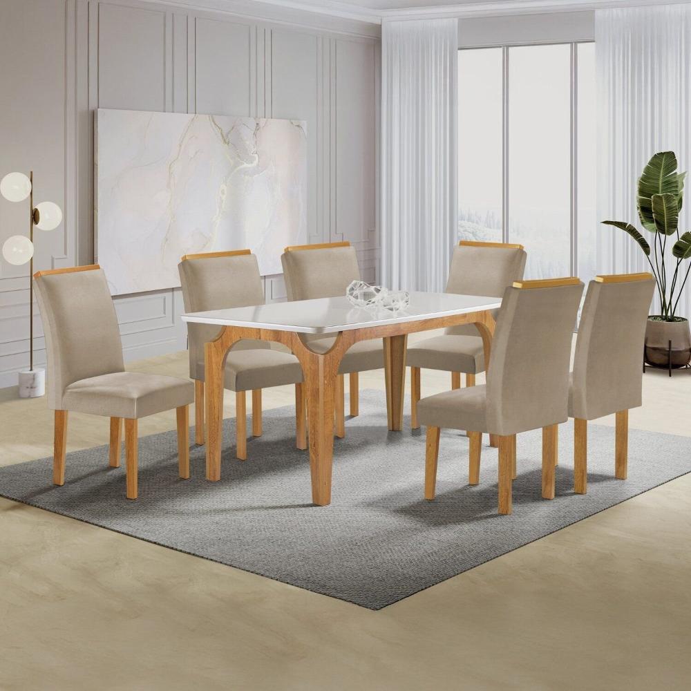 Miniatura Conjunto Mesa Melina 170cmx90cm com 6 Cadeiras Luisa Tampo Smart Plus com Vidro Cinamomo/Off White/Bege Claro