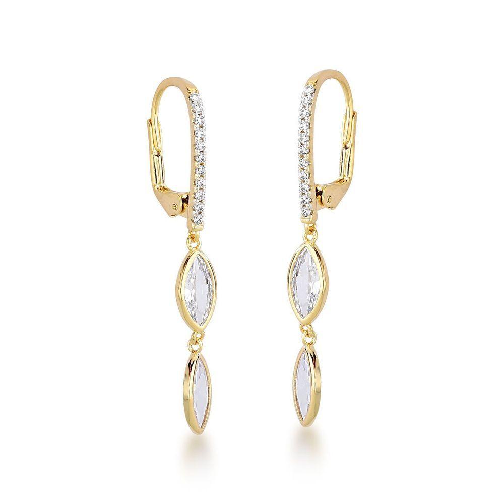 Miniatura Brinco Argola Oval Com Duas Zirconias Pendentes Banhado A Ouro 18k