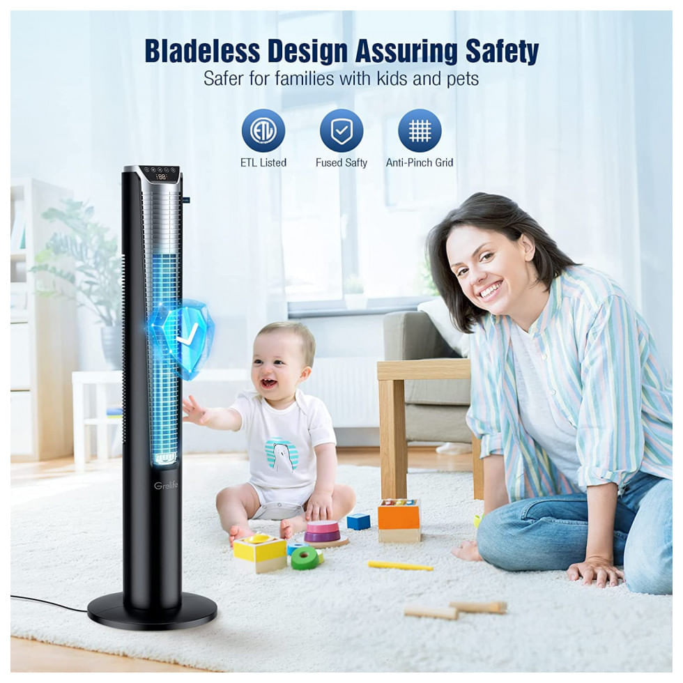 Miniatura Ventilador de Torre Grelife com Controle Remoto, 3 Modos e Temporizador de 12 Horas, 110V Preto