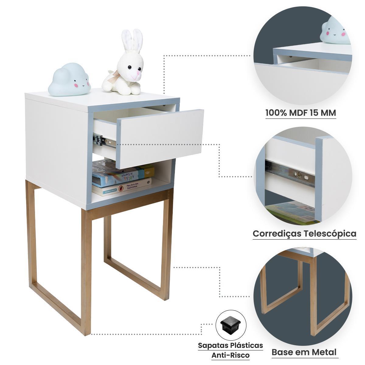 Miniatura Mesa Cabeceira Branca 30Cm Quarto Infantil Azul Eco Dourada