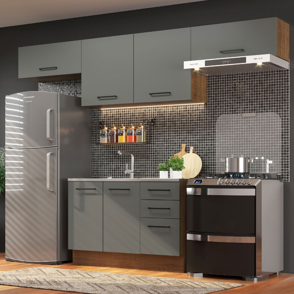 Miniatura Cozinha Compacta Madesa Agata 280002 com Armário e Balcão Rustic/Cinza Cor:Rustic/Cinza