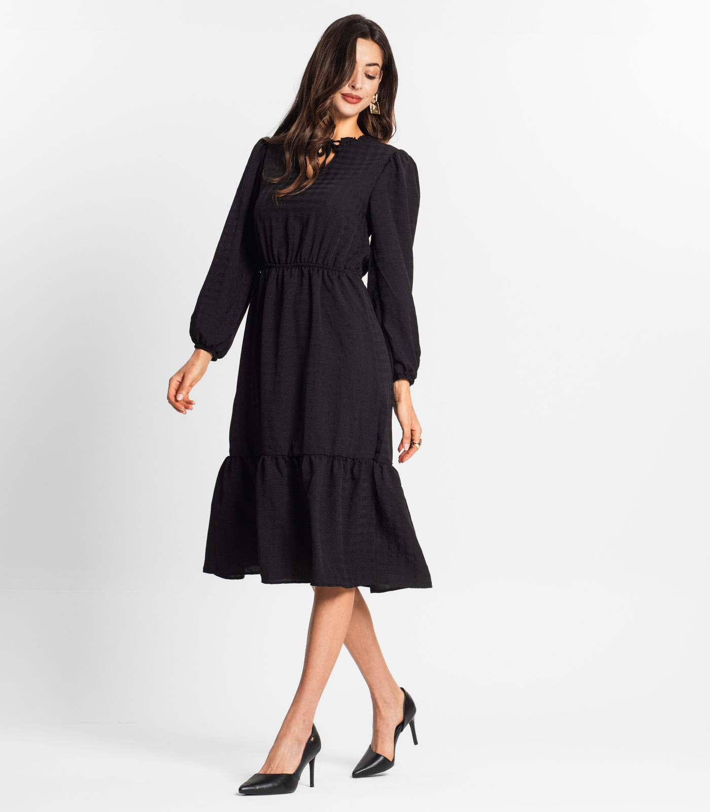 Miniatura Vestido Midi Feminino Manga Longa Endless Preto G
