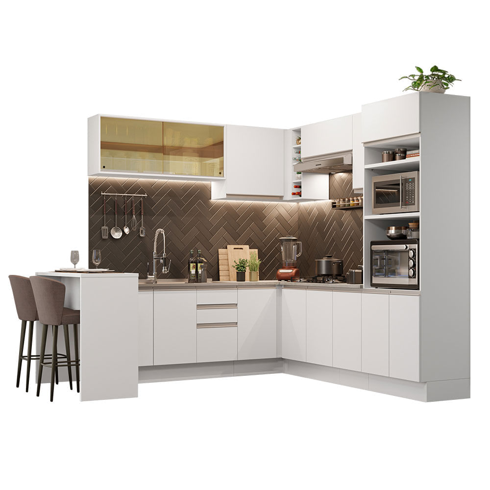 Miniatura Cozinha Completa de Canto Madesa Glamy 504001 com Armário e Bancada (Sem Tampo e Pia) Branco Cor:Branco