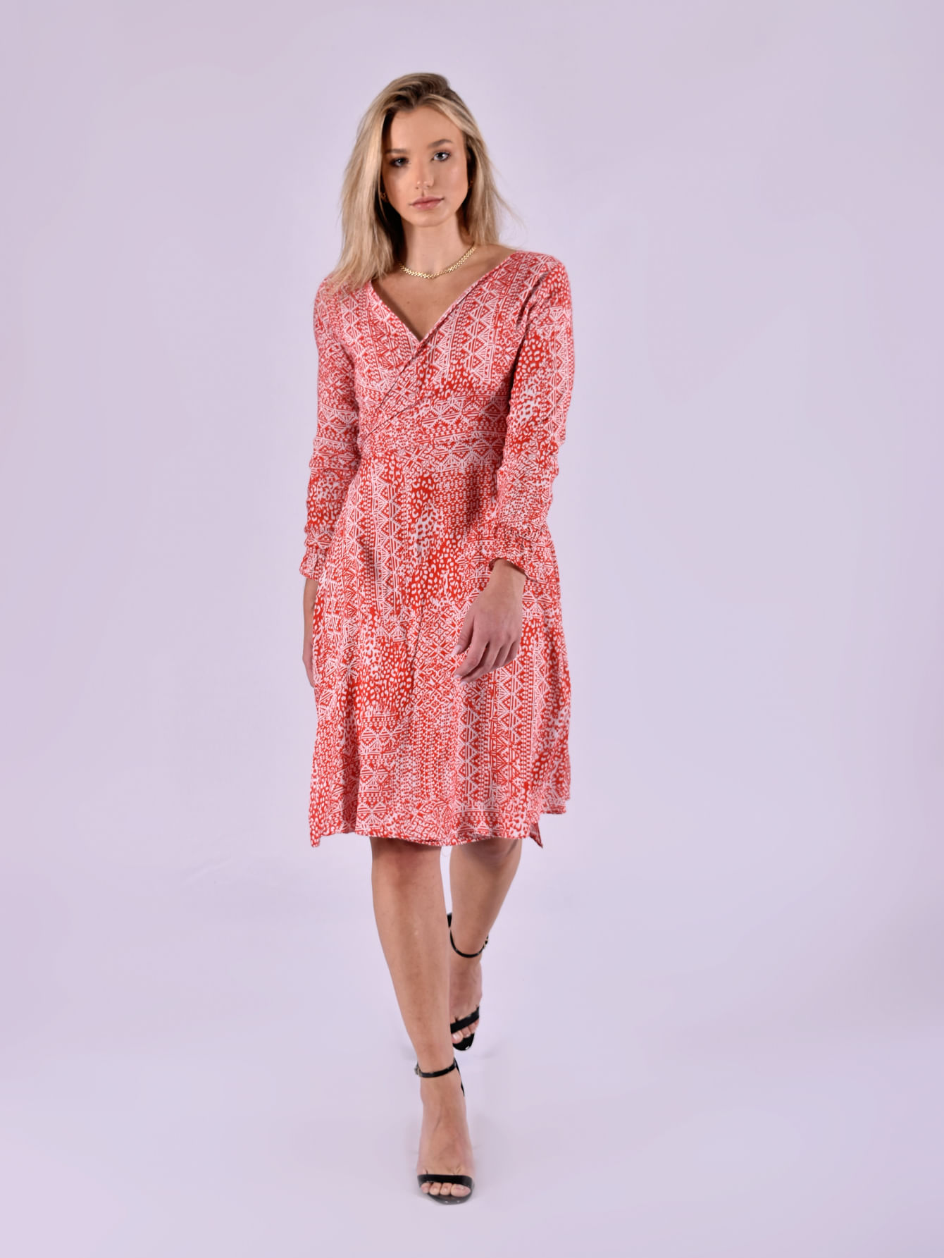 Miniatura Vestido Transpassado Manga Longa Com Amarração na Cintura - Vermelho e branco G