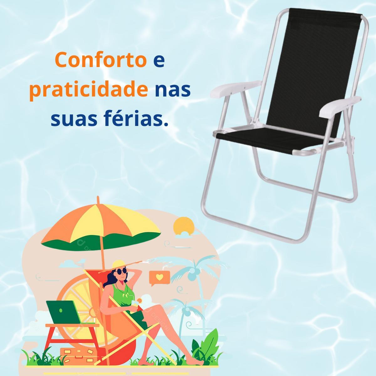 Miniatura Kit Com 2 Cadeiras Praia Alta Alumínio Conforto Preta Mor