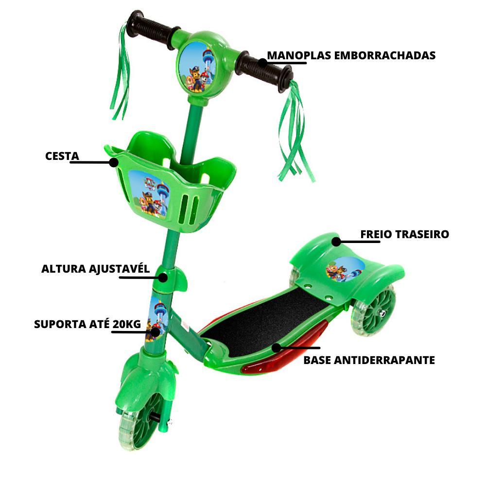 Miniatura Patinete Infantil Patrulha Canina Verde 3 Rodas Ajustável