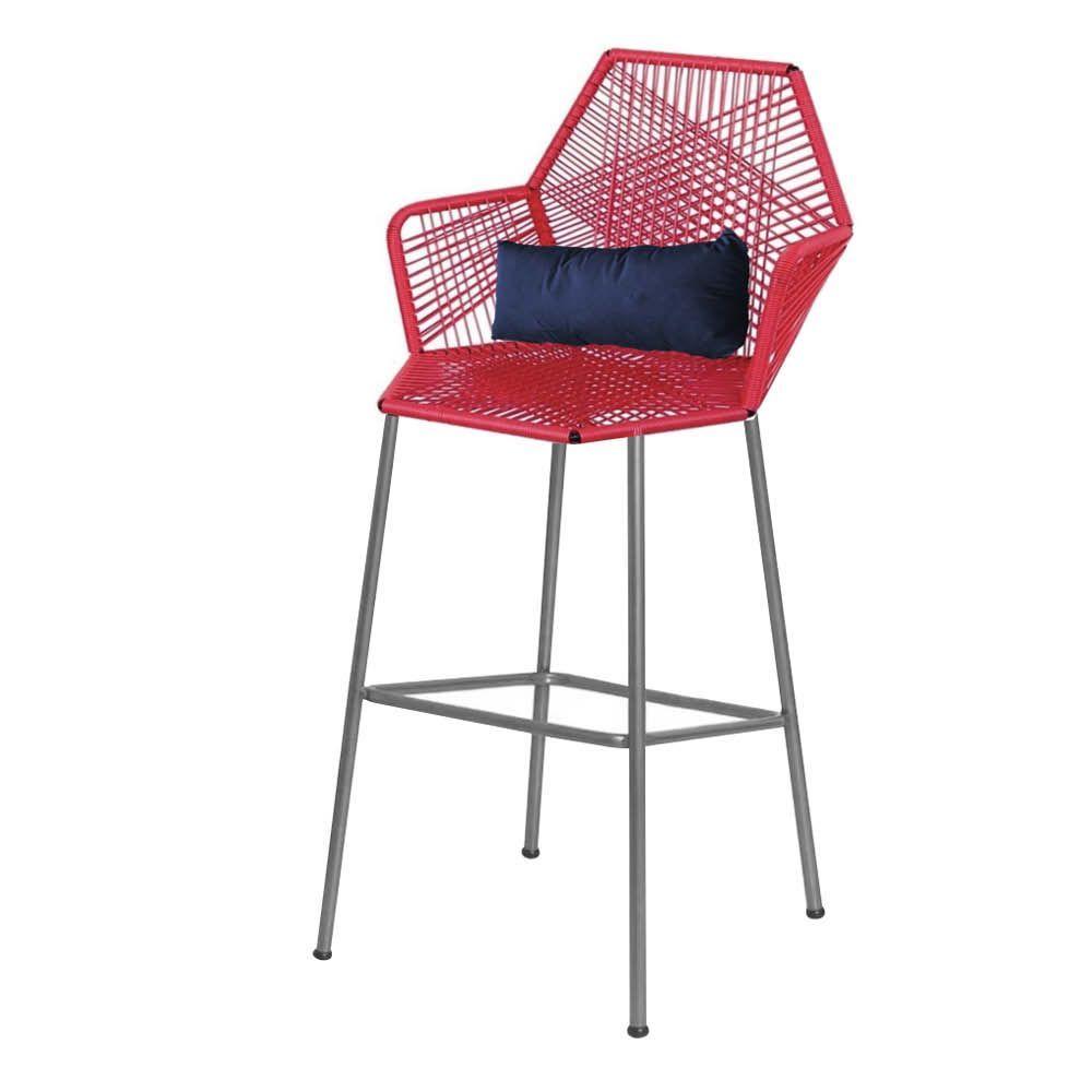 Miniatura Banqueta Alta Com Encosto Ferro Prata Fibra Vermelho Almofada Azul Marinho