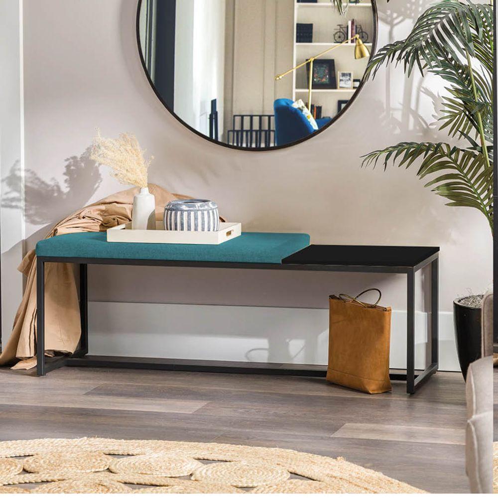 Miniatura Banco Recamier Puff 160cm Industrial Preto Suede Azul Turquesa Tampo Quadrado Mdf Preto