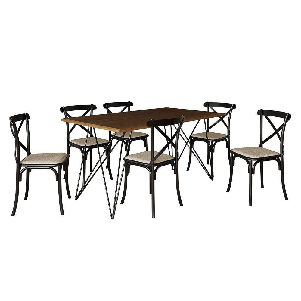 Miniatura Conjunto Mesa De Jantar 6 Cadeiras Katrina Preto Trama Premium Amêndoa 150 Cm - Cor: Marrom