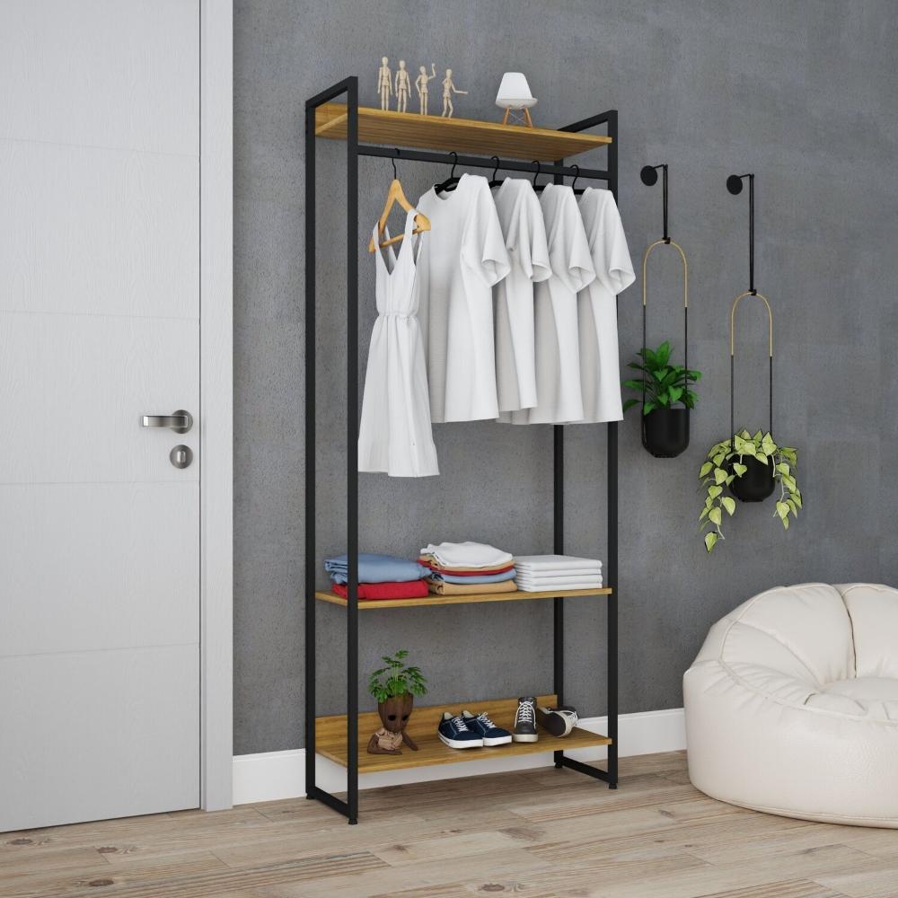 Estante Closet Arara Industrial 3 Prateleiras 187x80cm Dynamica Yescasa Lamina Mel / Preto