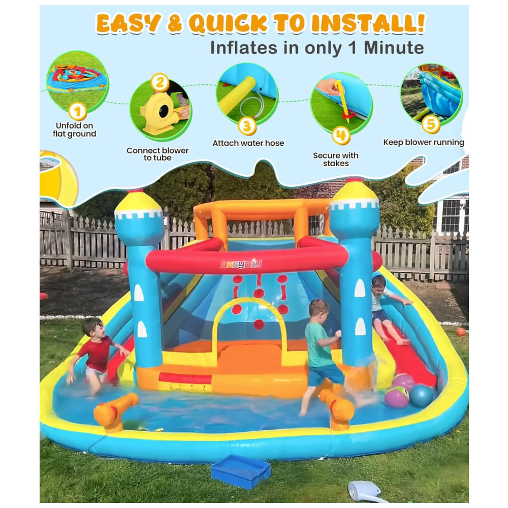 Miniatura Parque Aquático Inflável Whubefy de 4,3x4,2m para Crianças - Casa de Pula-Pula com Piscina, Escorregador e Área de Salto - Diversão no Quintal.