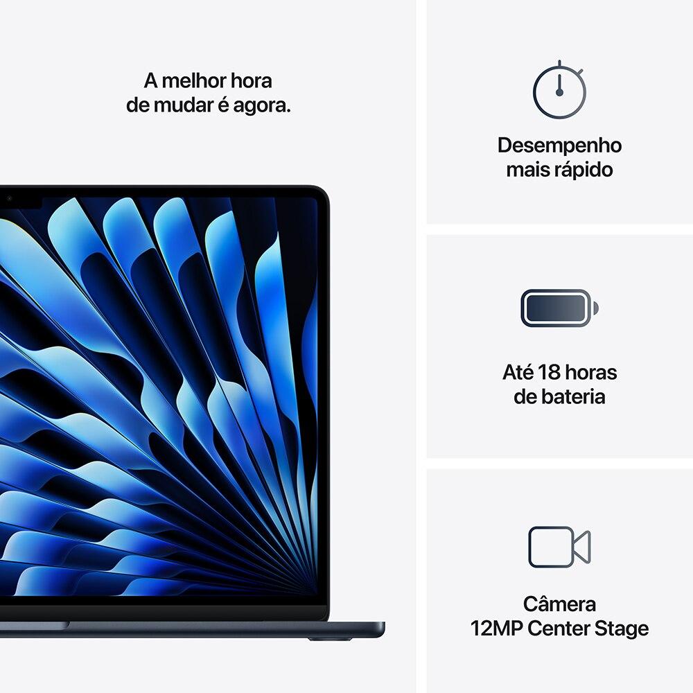 Apple Macbook Air 15", M4,  com CPU de 10 núcleos, GPU de 10 núcleos, 16GB RAM, 256GB SSD - Meia-noite