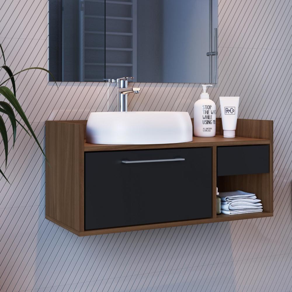 Miniatura Gabinete para Banheiro 01 Gaveta e Porta Basculante Criando Mobilia Preto/Amadeirado