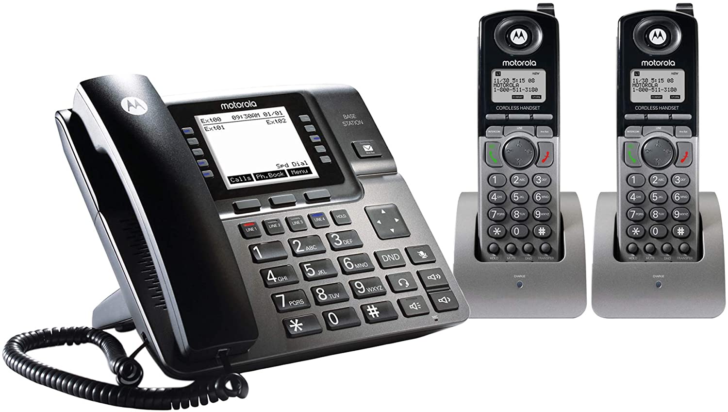 Miniatura Motorola Telefone sem Fio, c/ expansão de 4 linhas e secretária eletrônica, 3 unidades, preto.