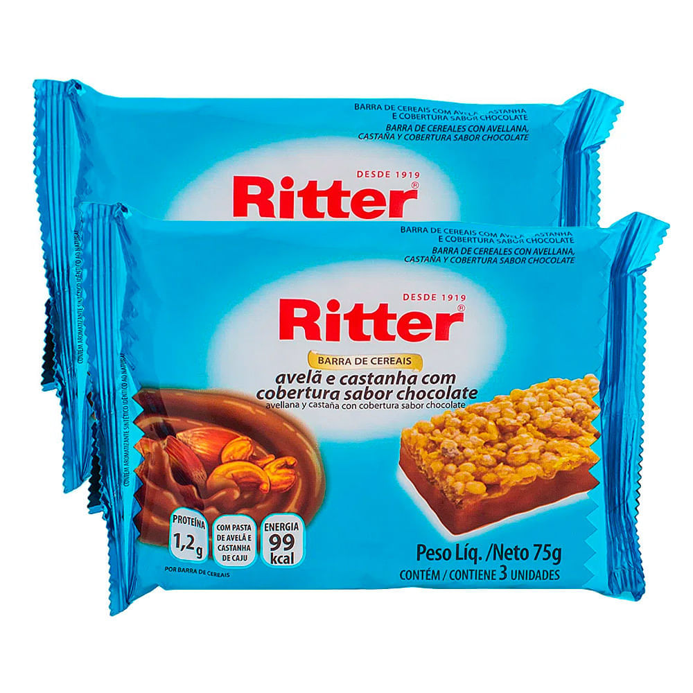 Miniatura Barra de Cereais Ritter Avelã e Castanha com Cobertura Sabor Chocolate com 3 Unidades | Kit com duas unidades