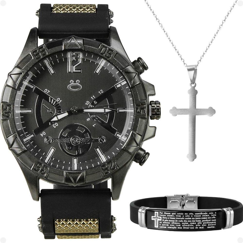 Miniatura Relogio Masculino Aço Preto + Colar Crucifixo Robusto Religioso Oração Pai Nosso Prata Ajustavel