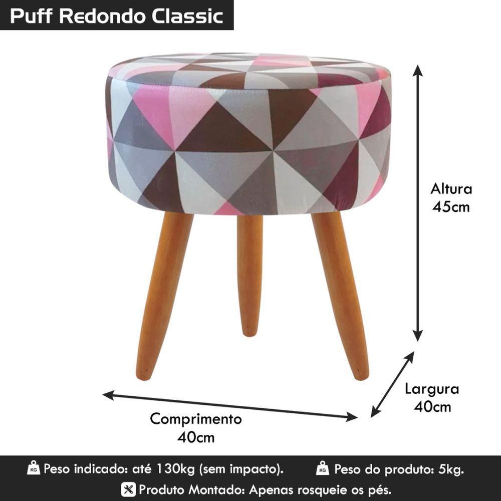Miniatura Puff Banqueta Classic Redondo Suede Estampa Triangulo Rosa