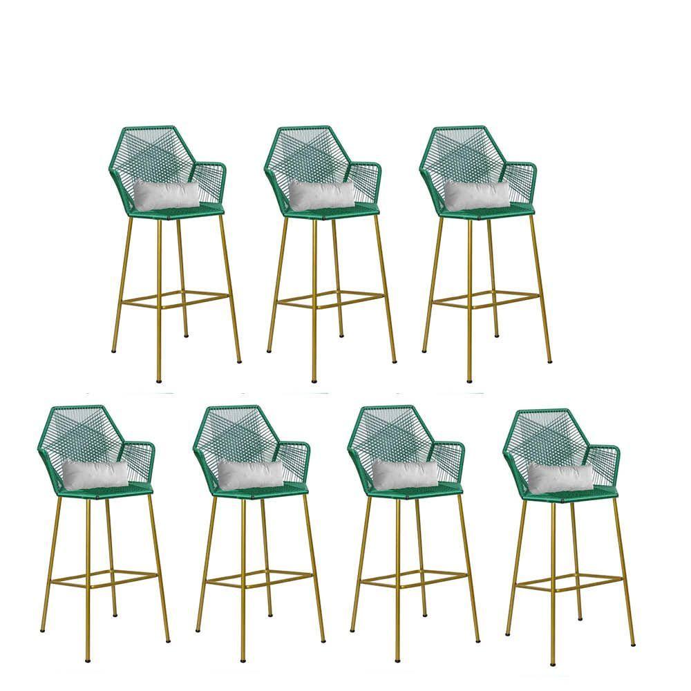 Miniatura Kit 07 Banqueta Alta Sttar Ferro Dourado Fibra Verde Almofada Sintético Branco