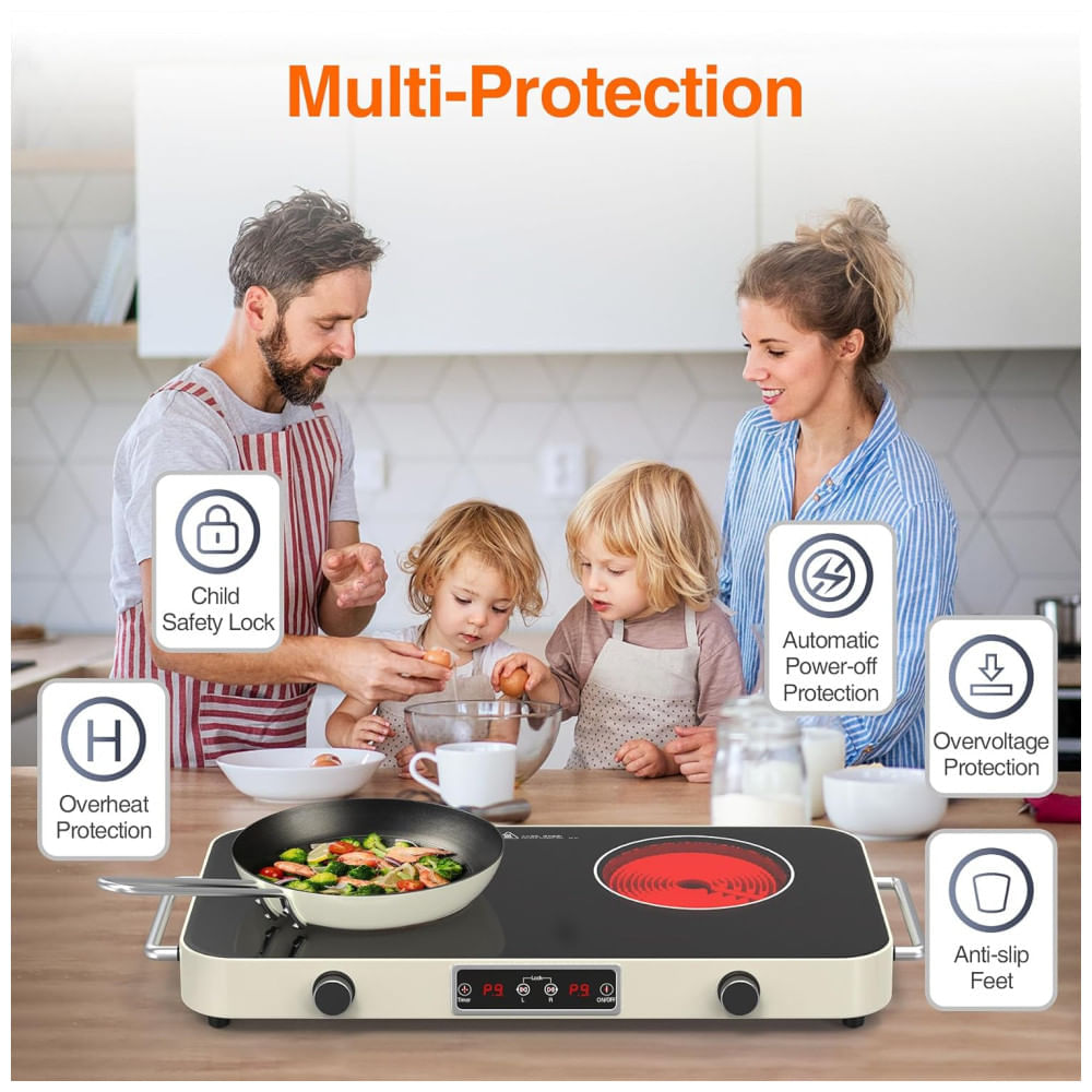 Miniatura Cooktop Elétrico Portátil de Indução com 2 Bocas, 9 Níveis de Potência, Temporizador, 2 Alças, Controle de Botão e Trava de Segurança para Crianças, 110v