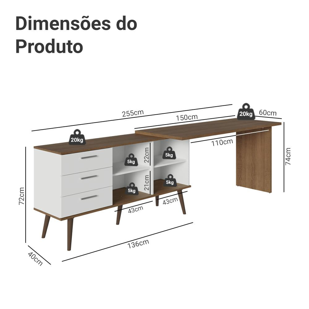 Miniatura Mesa de Estudos em L 3 Gavetas Branco/Rustic Lisboa Madesa Branco/Rustic