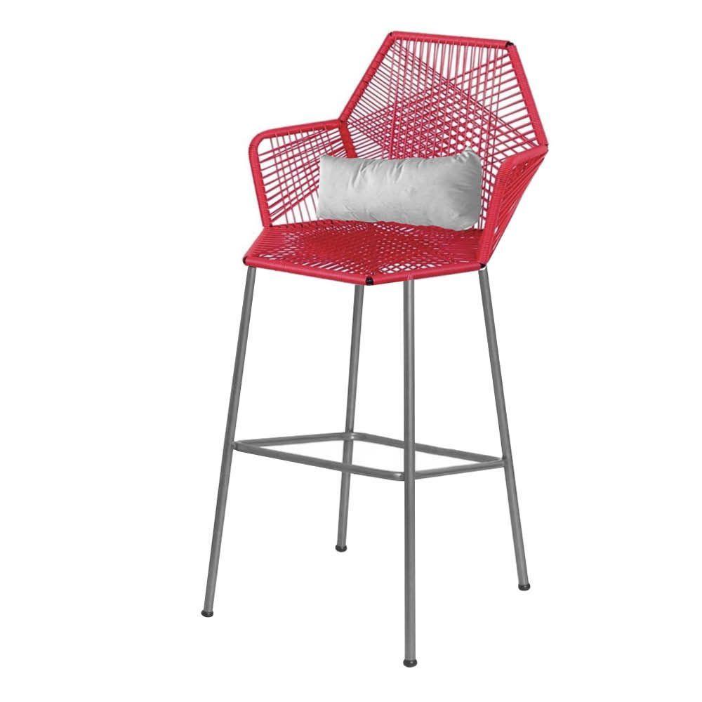 Miniatura Banqueta Alta Com Encosto Ferro Prata Fibra Vermelho Almofada Branco