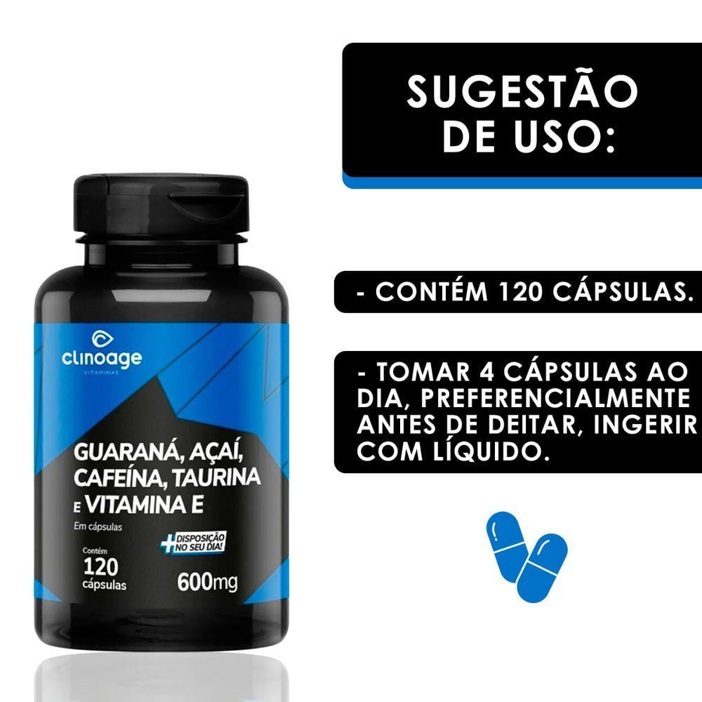 Miniatura Guaraná Açaí Cafeína Taurina E Vitamina E 600mg 120 Cápsulas - Clinoage