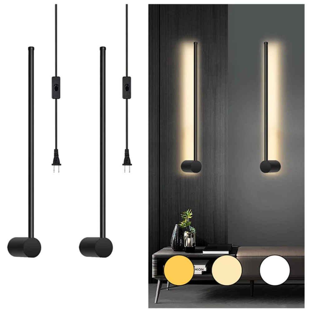 Miniatura Conjunto de Luminária de Parede com Fio, Estilo Moderno, Tamanho 60 cm e 2 Peças, Adequada para Quarto, Sala de Estar e Cozinha, 110V, Mikeru, Preta 110v