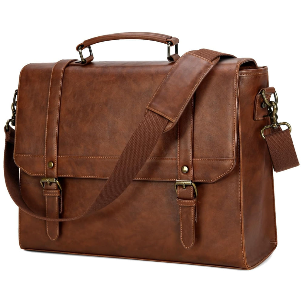 Miniatura Bolsa Carteiro Masculina de Couro Sintético para Laptop com 15,6 Polegadas, IGOLUMON, Marrom 110v