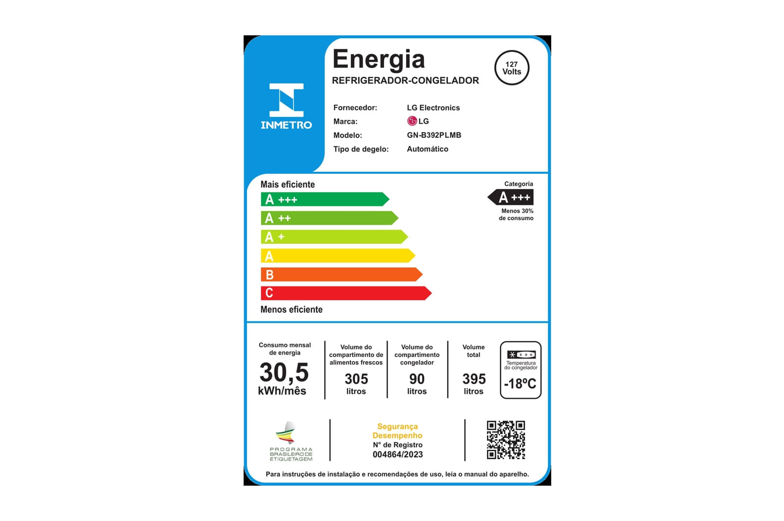 Geladeira LG Frost Free Inverter 395L Duplex Cor Inox Look (GN-B392PLM)