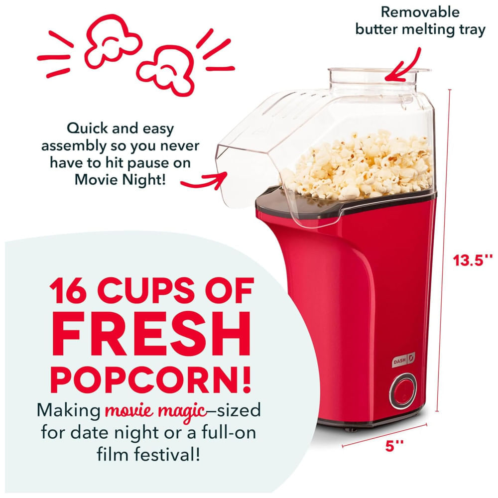 Miniatura Pipoqueira DASH Hot Air Popcorn Popper Maker com Copo Medidor para Porcionar Pipocas e Derreter Manteiga, 16 Copos Vermelha